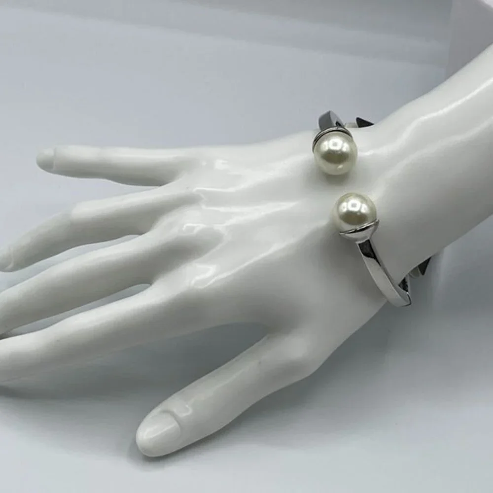 g by Gennaro Silver Imitation Pearl Open Cuff Bangle Bracelet
